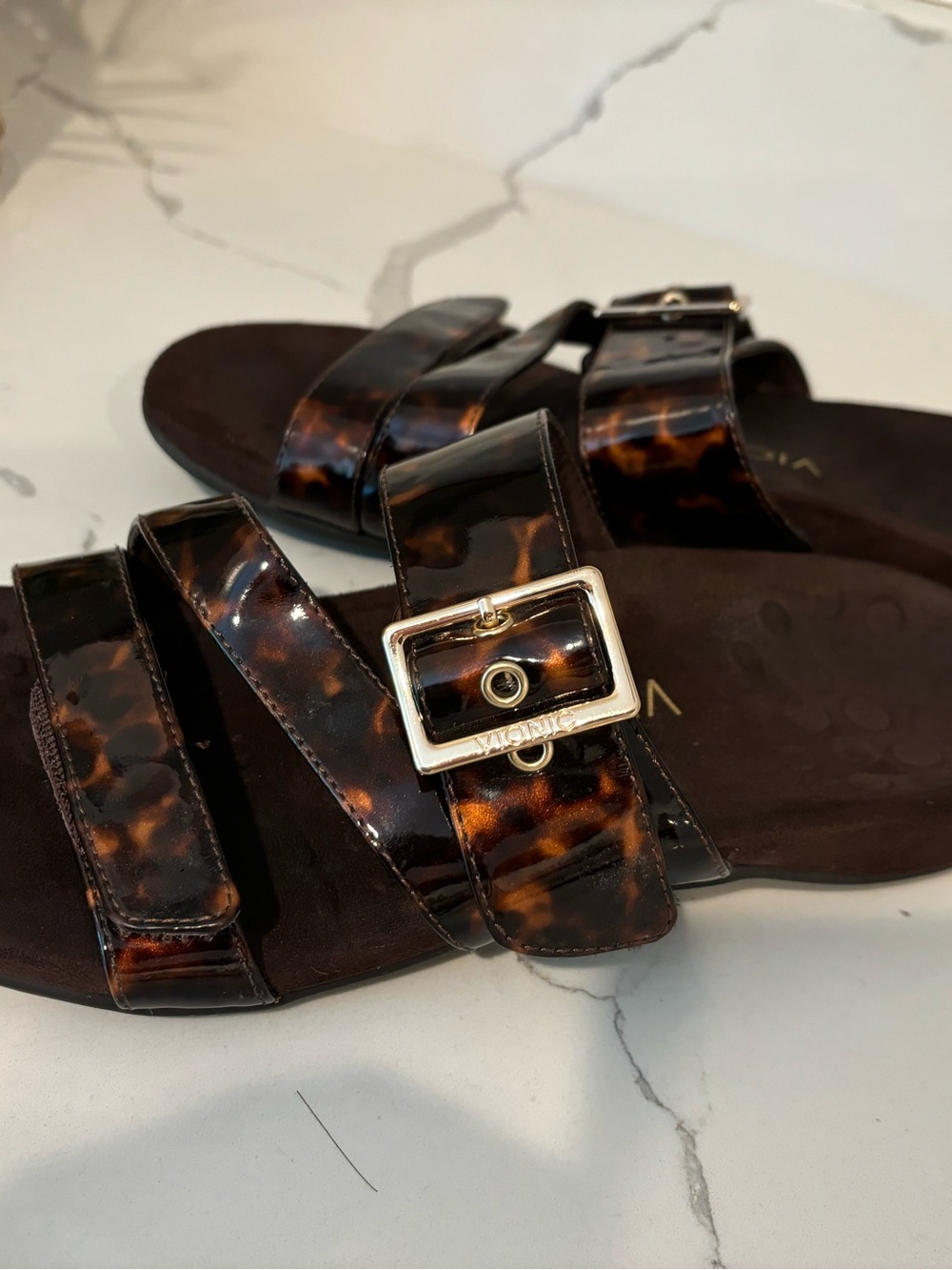 Vionic Skylar Tortoiseshell Patent Slide Sandals Brown Womens 9 Support Orthotic - Picture 13 of 15
